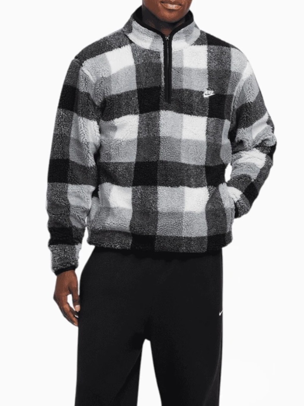 Nike Men’s Black & Gray Plaid Sherpa Half-Zip Pullover NWT Sz Medium